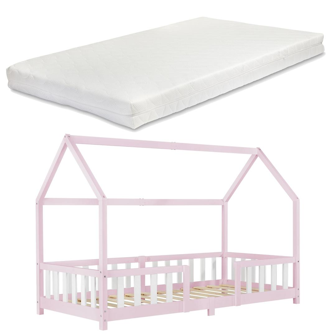 Lit cabane avec barrière + matelas - 90x200cm - Rose &amp; Blanc