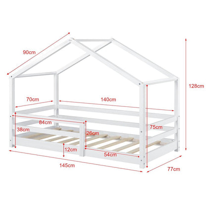 Lit cabane avec barrière et matelas - 70x140cm - Blanc
