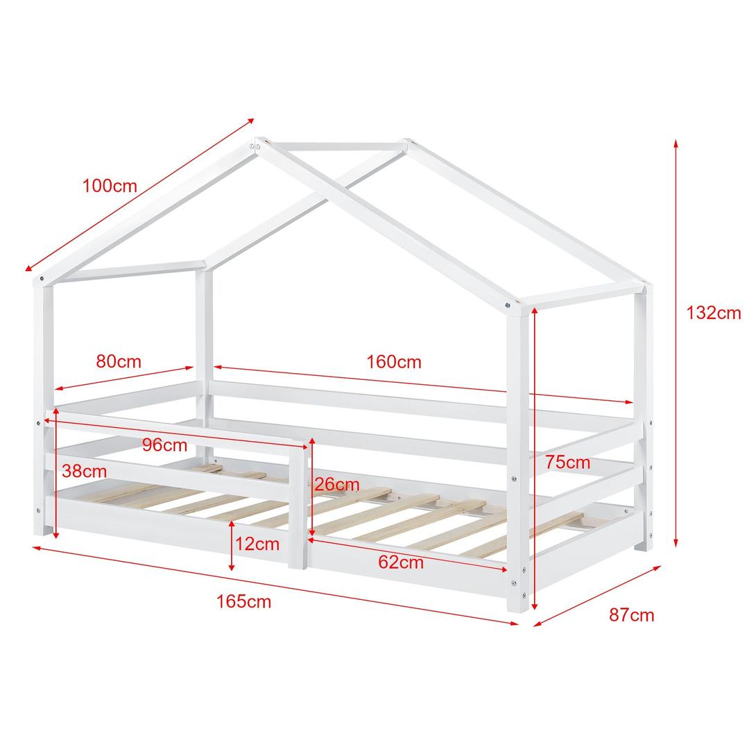 Lit cabane avec barrière + matelas 80x160cm - Blanc