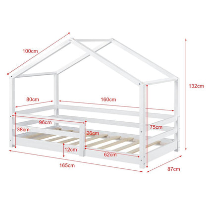 Lit cabane avec barrière + matelas 80x160cm - Blanc
