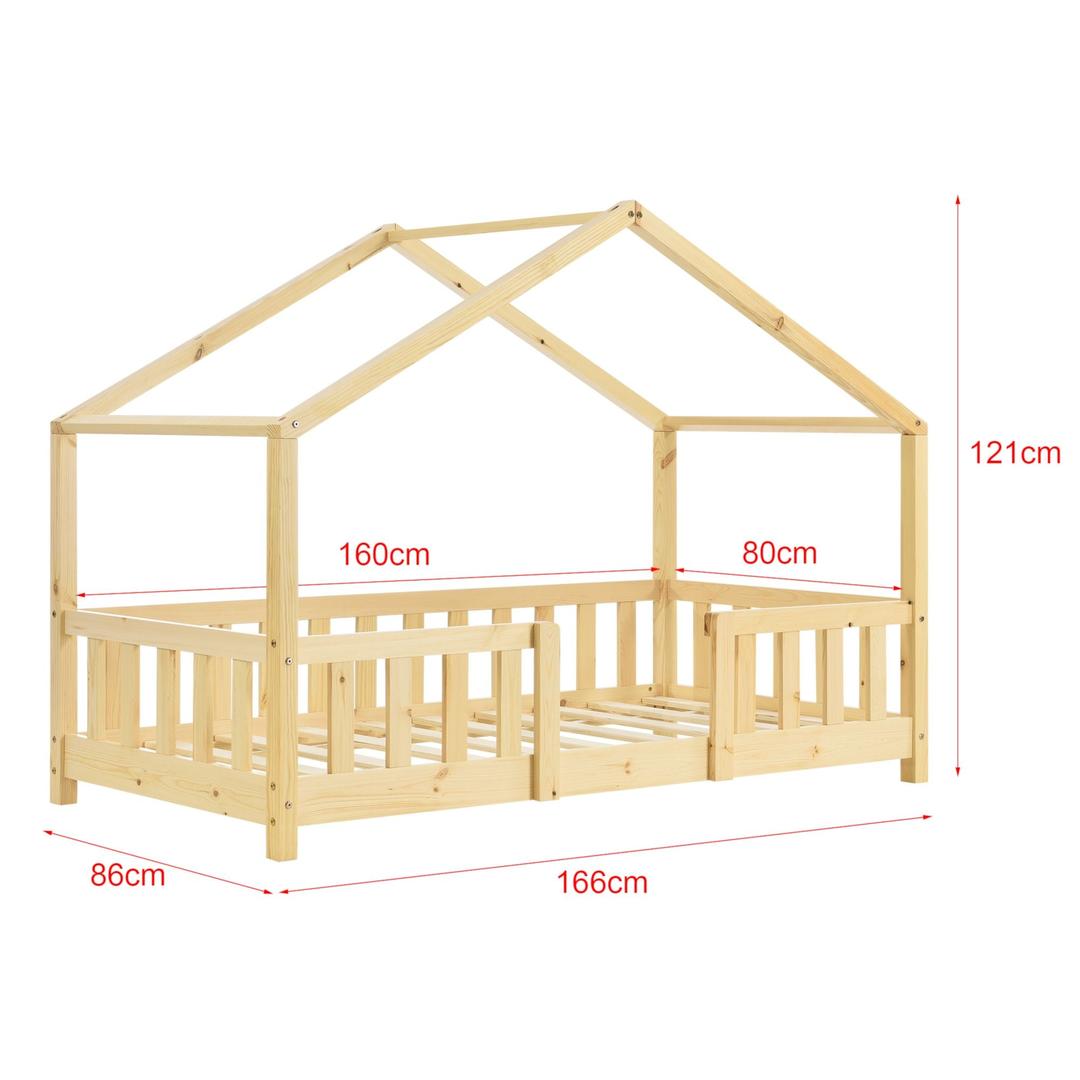 Lit cabane en bois naturel + matelas 80x160cm - Bois naturel