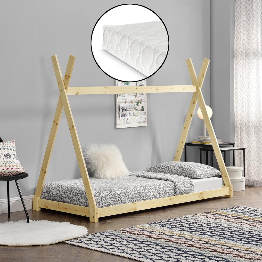 Lit tipi 90x200cm avec matelas - Montessori - Bois naturel