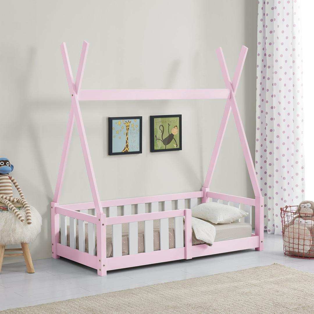 Lit tipi 70x140cm avec barrière - Rose &amp; blanc