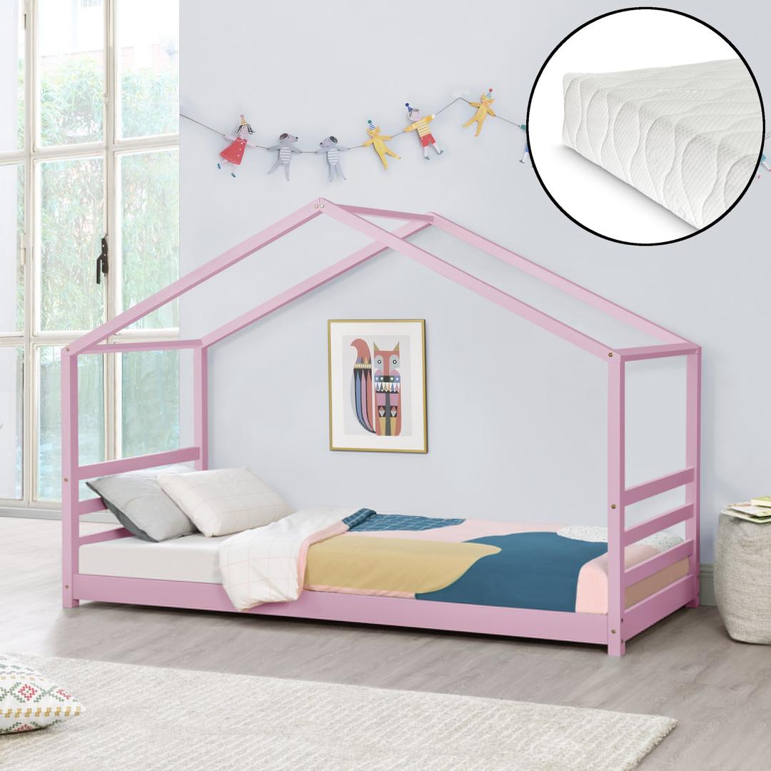 Lit cabane Montessori avec matelas - 90x200cm - Rose