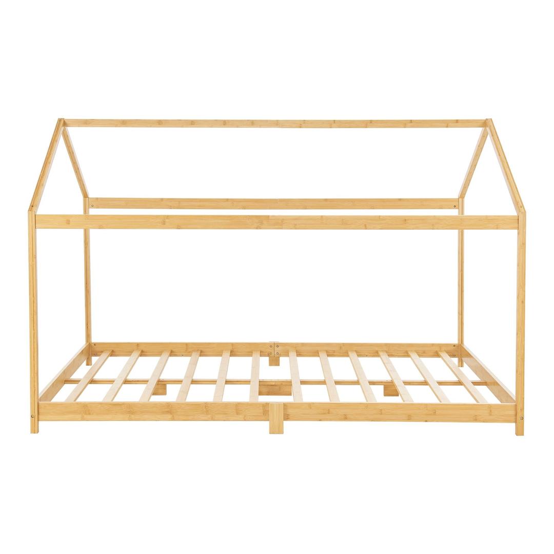 Grand lit cabane double avec matelas inclus - 120x200cm - Bois naturel
