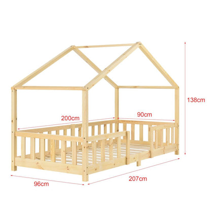 Lit cabane en bois naturel avec barrière et matelas 90x200cm