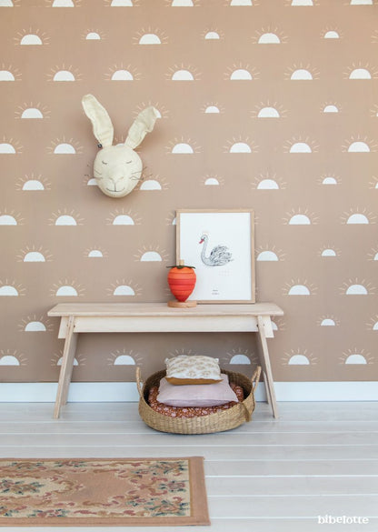 Papier peint chambre enfant Soleil - Marron glacé &amp; Blanc