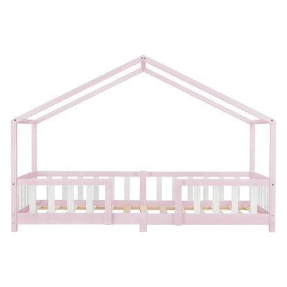 Lit cabane avec barrière + matelas - 90x200cm - Rose &amp; Blanc