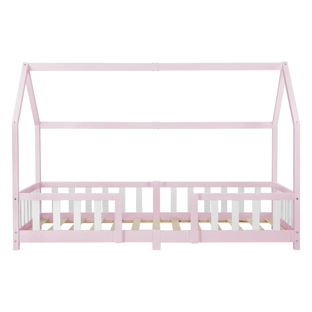 Lit cabane avec barrière + matelas - 90x200cm - Rose &amp; Blanc