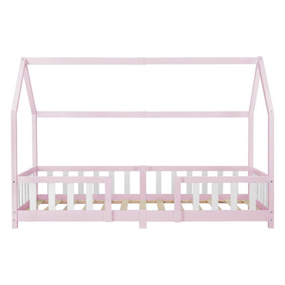 Lit cabane avec barrière + matelas - 90x200cm - Rose &amp; Blanc