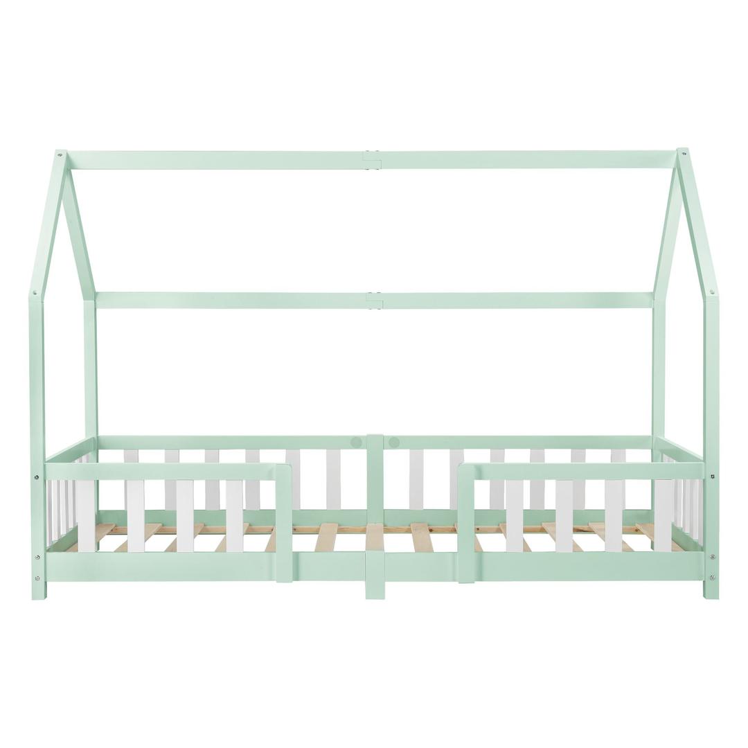 Lit cabane avec barrière + matelas - 90x200cm - Vert &amp; Blanc
