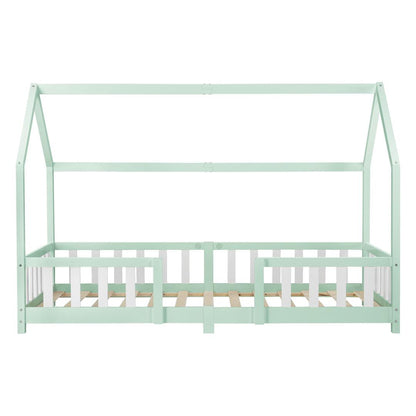 Lit cabane avec barrière + matelas - 90x200cm - Vert &amp; Blanc