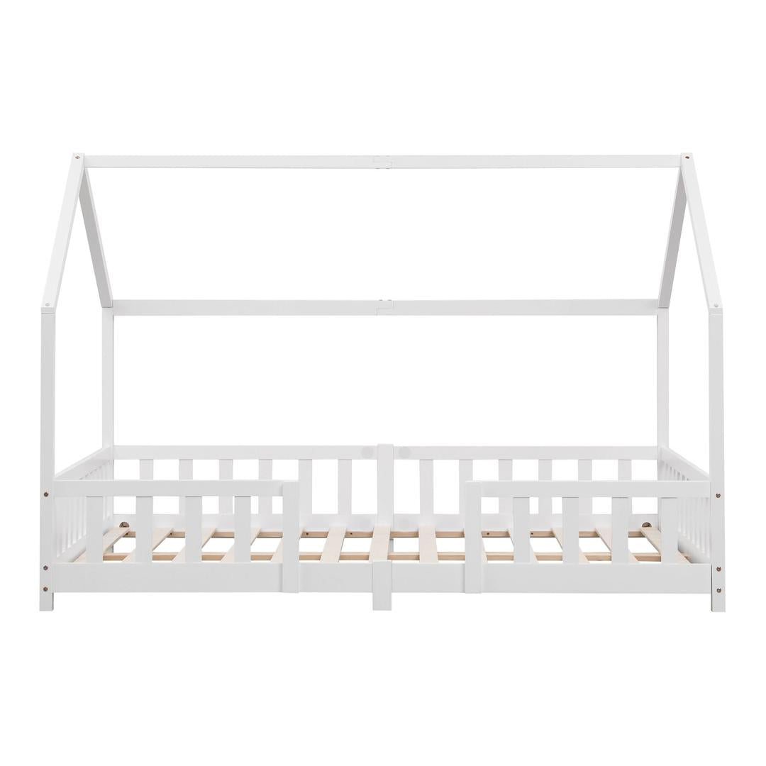 Grand lit cabane Montessori avec barrière + matelas - 120x200cm - Blanc