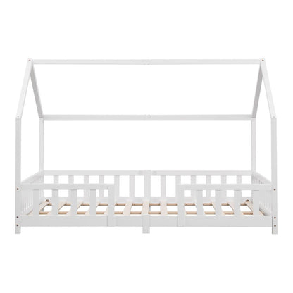 Grand lit cabane Montessori avec barrière + matelas - 120x200cm - Blanc