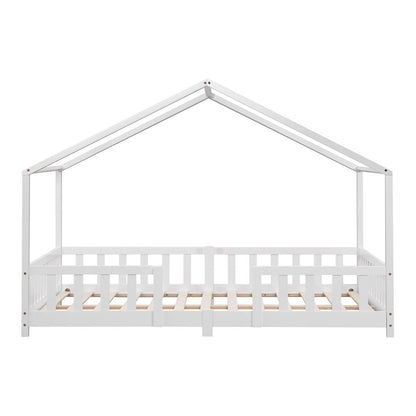 Grand lit cabane double avec barrière et matelas - 140x200cm - Blanc