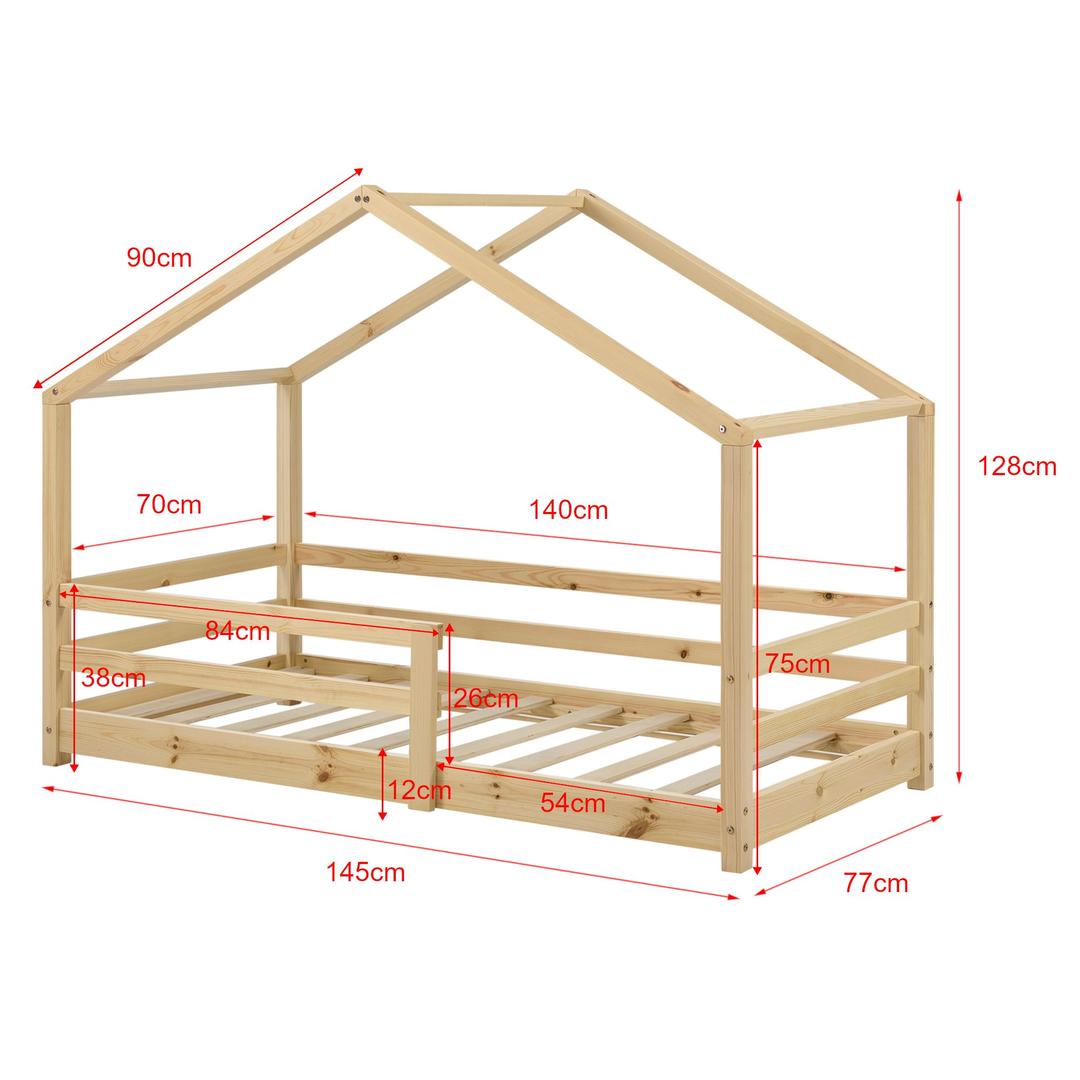 Lit cabane avec barrière et matelas - 70x140cm - Bois naturel