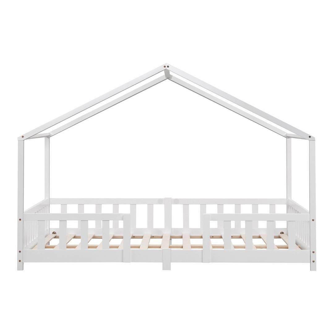 Grand lit cabane avec barrière et matelas - 120x200cm - Blanc