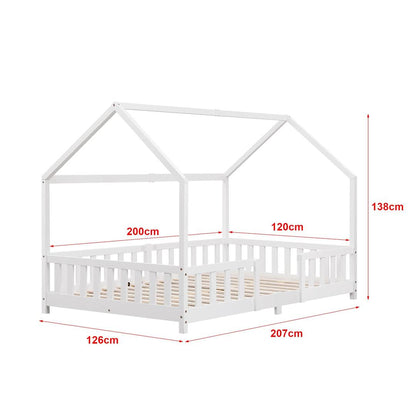 Grand lit cabane Montessori avec barrière + matelas - 120x200cm - Blanc